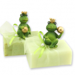 Schafmilchseife eckig 100g dekoriert mit Froschkönig, Eisenkraut/Wiesenblume 