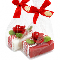 Schafmilchseife eckig 100g dekoriert mit Filzblume in Cello, Classic/Granatapfel 