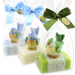 Schafmilchseife eckig 100g, dekoriert mit Vogel in Cello, Vergissmeinnicht/Classic/Birne 