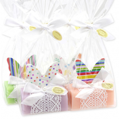 Schafmilchseife eckig 100g dekoriert mit Holz Schmetterling in Cello, sortiert 