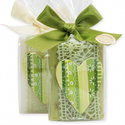 Schafmilchseife eckig 100g dekoriert mit Holzherz in Cello, Classic/Eisenkraut 