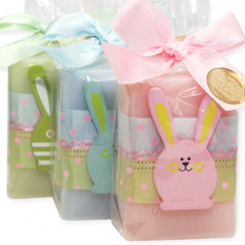 Schafmilchseife eckig 100g dekoriert mit Holzhase in Cello, sortiert 