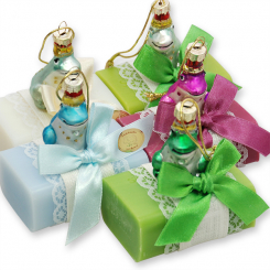 Schafmilchseife eckig 100g dekoriert mit Glasfrosch, sortiert 