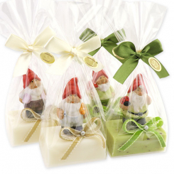 Schafmilchseife eckig 100g dekoriert mit Gartenzwerg in Cello, Classic/Eisenkraut 