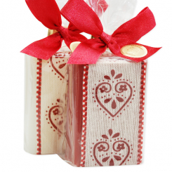 Schafmilchseife eckig 100g dekoriert mit Dekoband mit Herz in Cello, Classic/Granatapfel 