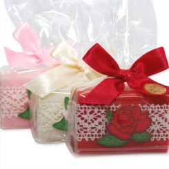 Schafmilchseife eckig 100g dekoriert mit Holzrose in Cello, sortiert 