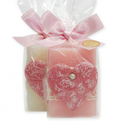 Schafmilchseife eckig 100g dekoriert mit Herz in Cello, Classic/Pfingstrose 