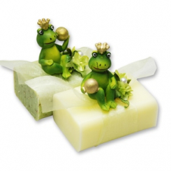 Schafmilchseife eckig 100g dekoriert mit Froschkönig, Eisenkraut/Himmelschlüssel 
