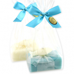 Schafmilchseife eckig 100g dekoriert mit Seife Fisch 8g in Cello, Classic/Kornblume 
