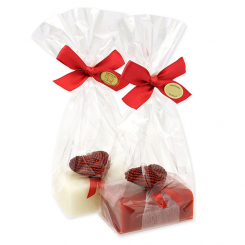 Schafmilchseife eckig 100g dekoriert mit Perlenherz in Cello, Classic/Granatapfel 