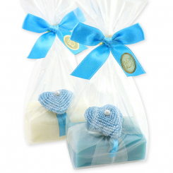 Schafmilchseife eckig 100g dekoriert mit Perlenherz in Cello, Classic/Kornblume 