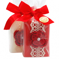 Sheep milk soap 100g decorated with red crochet flower in a cellophane, Classic/pomegranate 