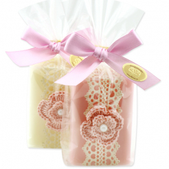 Sheep milk soap 100g decorated with a crochet flower in a cellophane, Classic/cherry blossom 