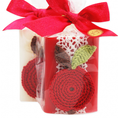 Schafmilchseife eckig 100g dekoriert mit Häkelapfel in Cello, Classic/Granatapfel 