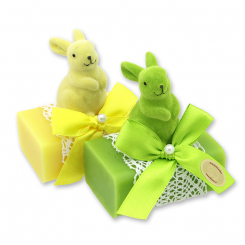 Schafmilchseife eckig 100g dekoriert mit Samthase, Birne/Grapefruit 