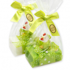 Schafmilchseife eckig 100g dekoriert mit Huhn in Cello, Classic/Birne 