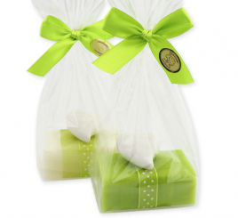 Schafmilchseife eckig 100g dekoriert mit Herz in Cello, Classic/Birne 