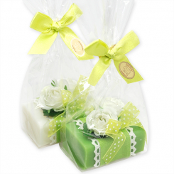 Schafmilchseife eckig 100g dekoriert mit Röschen in Cello, Classic/Apfel 