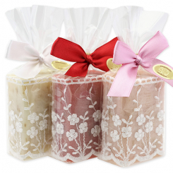 Schafmilchseife eckig 100g dekoriert mit Spitzenband in Cello, sortiert 