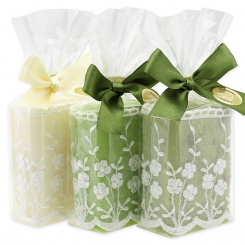 Schafmilchseife eckig 100g dekoriert mit Spitzenband in Cello, sortiert 