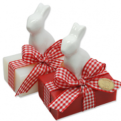 Schafmilchseife eckig 100g dekoriert mit Hase, Classic/Granatapfel 