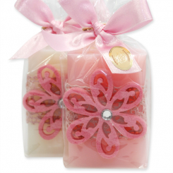 Sheep milk soap 100g decorated with a felt flower in a cellophane, Classic/peony 