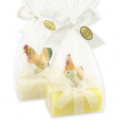 Schafmilchseife eckig 100g dekoriert mit Hahn/Huhn in Cello, Classic/Kamille 