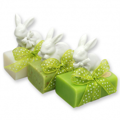 Schafmilchseife eckig 100g dekoriert mit Hase, sortiert 