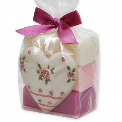 Schafmilchseife eckig 3x100g dekoriert mit Rosenherz in Cello, sortiert 