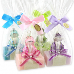 Schafmilchseife eckig 100g dekoriert mit Glasfrosch in Cello, sortiert 