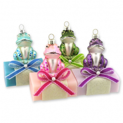 Schafmilchseife eckig 100g dekoriert mit Glasfrosch, sortiert 