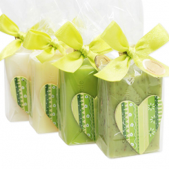 Schafmilchseife eckig 100g dekoriert mit Holzherz in Cello, sortiert 