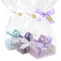 Schafmilchseife eckig 100g dekoriert mit Gießkanne in Cello, sortiert 