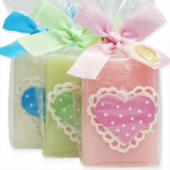 Schafmilchseife eckig 100g dekoriert mit Punktherz in Cello, sortiert 