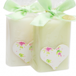 Schafmilchseife eckig 100g dekoriert mit Holzherz in Cello, Classic/Wiesenblume 