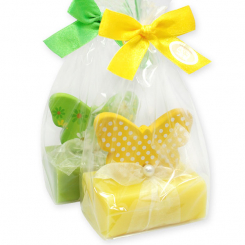 Schafmilchseife eckig 100g dekoriert mit Schmetterling in Cello, Grapefruit/Ginko 