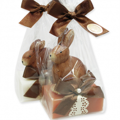 Schafmilchseife eckig 100g dekoriert mit Hase in Cello, Classic/Vanille 