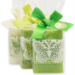 Schafmilchseife eckig 100g dekoriert mit Schmetterling in Cello, sortiert 