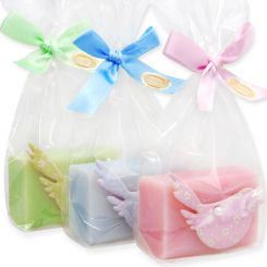 Schafmilchseife eckig 100g dekoriert mit Stoffvogel in Cello, sortiert 