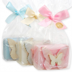 Schafmilchseife eckig 100g dekoriert mit Schmetterling in Cello, sortiert 