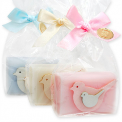 Schafmilchseife eckig 100g dekoriert mit Vogel in Cello, sortiert 