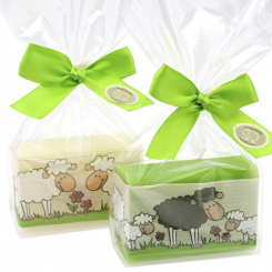 Schafmilchseife eckig 100g dekoriert mit Dekoband Schaf in Cello, Classic/Birne 