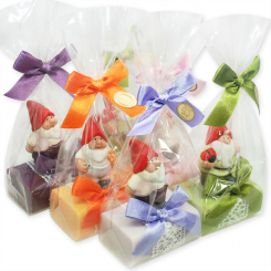 Schafmilchseife eckig 100g dekoriert mit Zwerg in Cello, soritert 