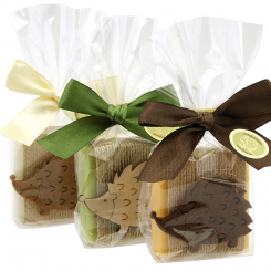 Schafmilchseife Quadrat 35g dekoriert mit Igel in Cello, sortiert 