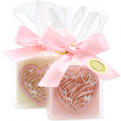 Schafmilchseife Quadrat 35g dekoriert mit Herz in Cello, Classic/Jasmin 