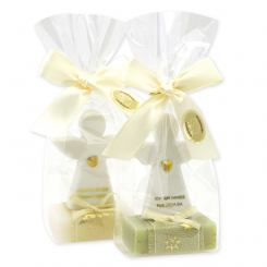 Schafmilchseife eckig 25g dekoriert mit Schutzengel mit Herz in Cello, Classic/Eisenkraut 
