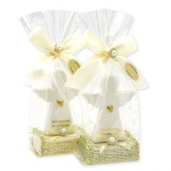 Schafmilchseife eckig 25g dekoriert mit Schutzengel mit Herz in Cello, Classic/Eisenkraut 