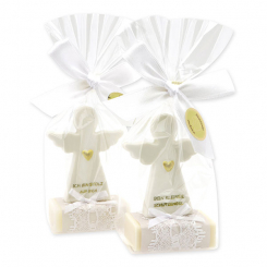 Schafmilchseife eckig 25g dekoriert mit Schutzengel mit Herz in Cello, Classic/Schneerose 