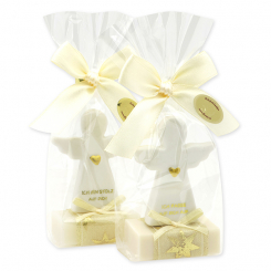 Schafmilchseife eckig 25g dekoriert mit Schutzengel mit Herz in Cello, Classic/Schneerose 