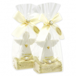 Schafmilchseife eckig 25g dekoriert mit Schutzengel mit Herz in Cello, Classic/Schneerose 